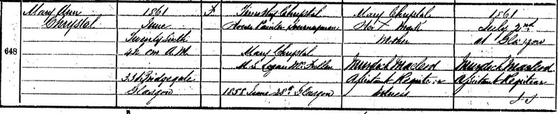 1861-06-26 BIR Mary Ann Chrystal child of Timothy Chrystal + Mary McFullen [[N028-clip]]