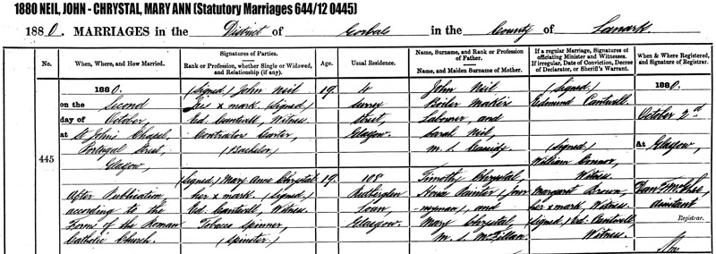 1880-10-02 MAR John Neil + Mary Ann Chrystal - St. John's Chapel [[N034-clip]]