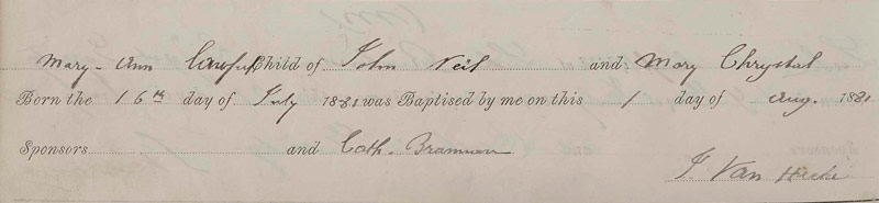 1881-07-16 BIR BAP Mary Anne Neil child of John Neil and Mary Anne Chrystal [[N165-clip]]