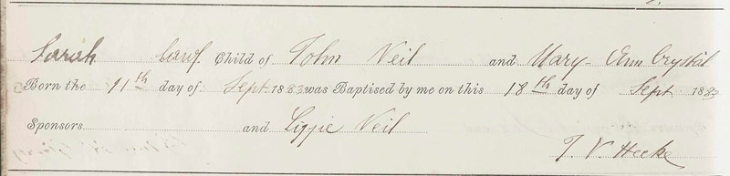 1883-09-10 BIR BAP Sarah Neil child of John Neil and Mary Anne Chrystal [[N166-clip]]