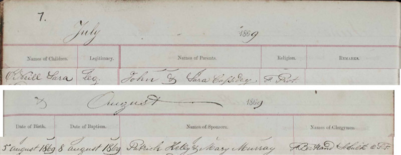 1869-08-08 BAP Sara Neil or O'Neill child of John Neil + Sara  Cassidy [[N433-clip]]