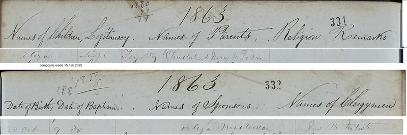 1863-11-09 BIR BAP Eliza Christal child of Timothy Cristal and Mary McFillan [[N435-clip]]