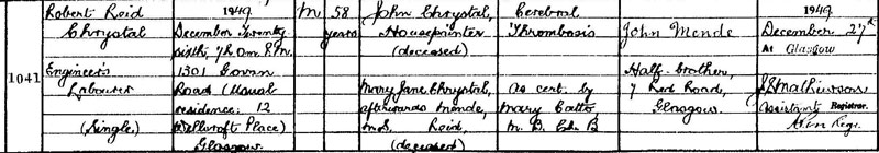 1949-12-26 DEA Robert Reid Chrystal child of John Chrystal and Mary Jane Reid [[N443-clip]]