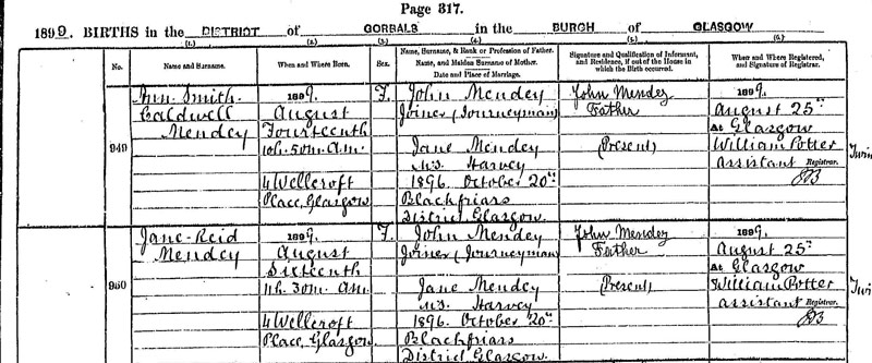 1899-08-14 BIR Ann SC + Jane R Mendey children of John Mende + Jane Harvey Reid [[N449-clip]]