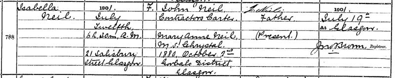 1901-07-12 BIR Isabella Neil child of John Neil and Mary Anne Chrystal [[N239-clip]]