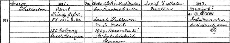 1911-04-25 BIR Charles Fullerton chilld of Robert John Fullerton & Sarah Neil 135 Coburg Street, Glasgow [[N459]]
