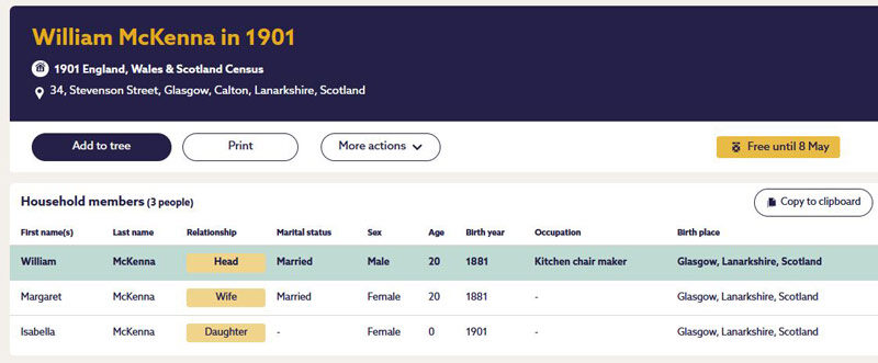 1901-03-31 CEN William McKenna + Margaret Sheppard 34 Stevenson Street, Calton, Glasgow [[N496]]