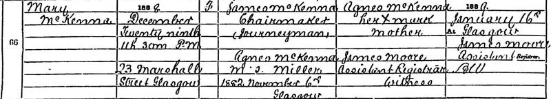 1888-12-29 BIR Mary McKenna child of James McKenna + Agnes Miller and wife of John Neil [[N498]]