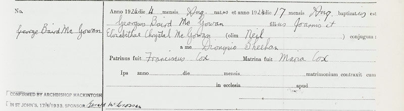 1924-08-04 BAP George Baird McGowan child of John Neil McGowan + Elizabeth Chrystal McGowan or Neil [[N519-clip]]