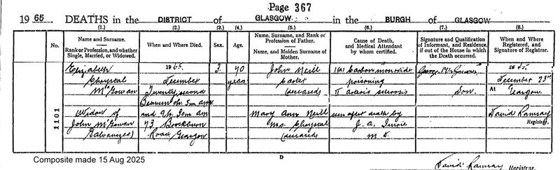1965-12-22 DEA Elizabeth Chrystal McGowan or Neil - 73 Brockburn Road [[N306-clip]]