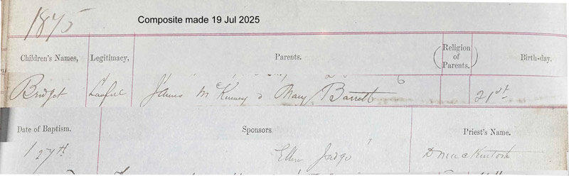 1875-02-21 BAP Bridget McKinney child of Mary Barrett + James McKinney [[N553-clip]]