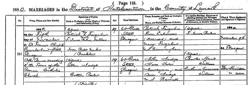 1880-11-05 MAR Ellen Judge + Patrick Farquhar, 60 Rose Street, Glasgow [[N565-clip]]