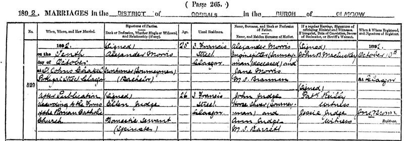 1892-10-10 MAR Ellen Judge + Alexander Morris 3 Francis Street, Glasgow [[N570-clip]]