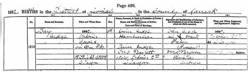 1882-10-02 BIR Mary Judge child of  John Judge + Anne Barrett [[N571-clip]]