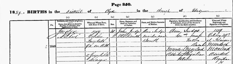 1859-10-20 BIR Michael Judge child of  John Judge + Anne Barrett [[N574-clip]]