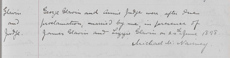 1898-06-24 MAR Annie Judge child of  John Judge + Anne Barrett + George Glavin [[N576-clip]]