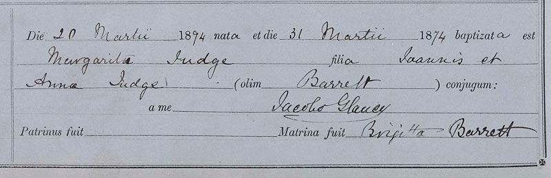 1894-03-20 BIR BAP Margaret Judge child of  John Judge + Anne Barrett  [[N577-clip]]