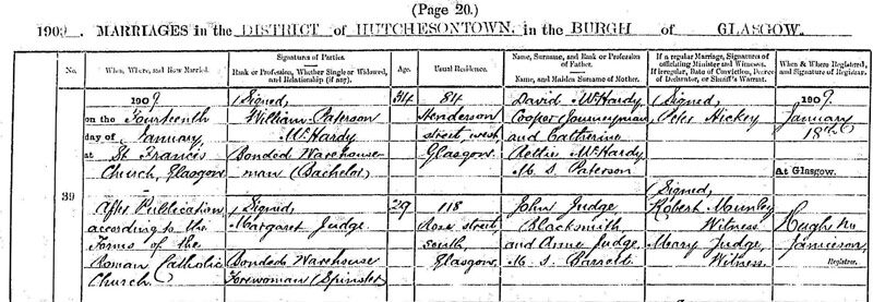 1909-01-14 MAR  Margaret Judge child of  John Judge + Anne Barrett + William Paterson McHardy [[N578-clip]]