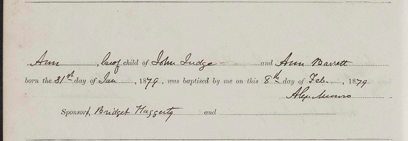 1879-01-31 BIR BAP Ann Judge child of  John Judge + Anne Barrett  [[N580-clip]]