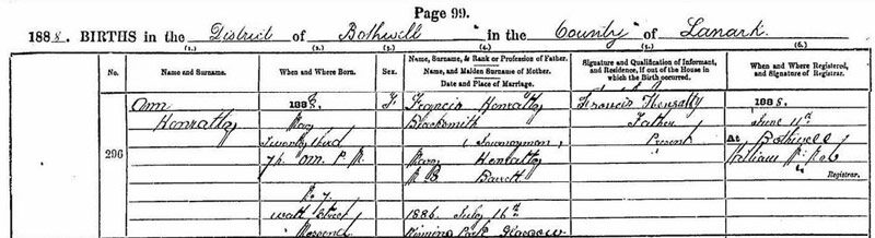 1888-05-23 BIR Ann Hanratty child of Francis Hanratty and Mary Barratt [[N585-clip]]