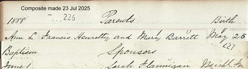 1888-05-25 BIR BAP Ann Henretty child of Francis Henretty + Mary Barrett [[N587-clip]]