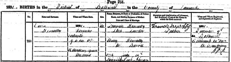 1891-11-16 BIR Owen Henretty child of Francis Henretty + Mary Barrett, 14 Academy Square, Mossend [[N593-clip]]