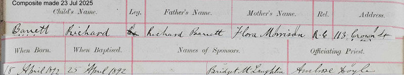 1892-04-18 BIR BAP Richard Barrett child of Richard Barrett + Flora Morrison [[N598-clip]]