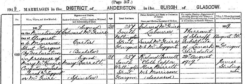 1919-08-19 MAR Mary Barrett child of Richard Barrett + Floran Morrison + Edward McGuire [[N600-clip]]