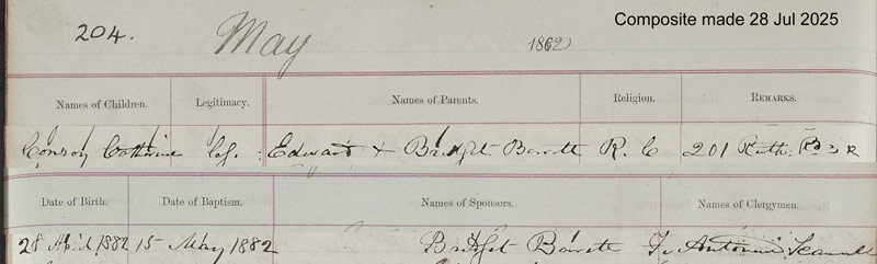 1882-04-28 BIR BAP Catherine Conroy child of Bridget Barrett + Edward Conroy [[N607-clip]]