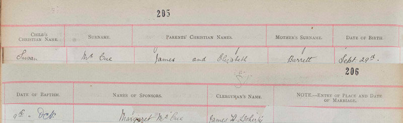 1915-09-29 BIR BAP Susan McCue child of  Elizabeth Barrett +  John McCue [[N614-clip]]
