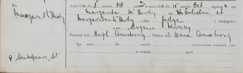 1911-10-08 BIR BAP Margarita McHardy child of William McHardy + Margaret Judge [[N618-clip]]