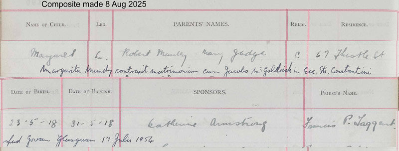 1918-05-23 BIR BAP Margaret Manley child of Robert Munlay + Mary Judge [[N623-clip]]