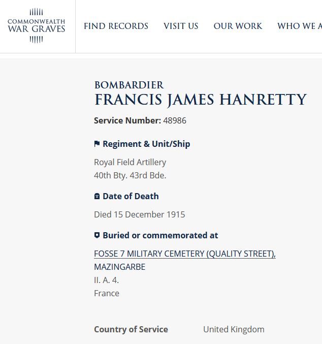 1915-12-15 BUR Francis James Hanretty child of Francis Hanratty + Mary Barrett or McKinney [[N625]]