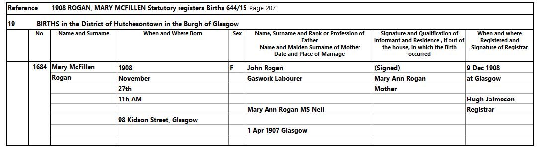 1908-11-27 BIR Mary McFillan Rogan child of John Rogan and Mary Anne Neil [[N652]]