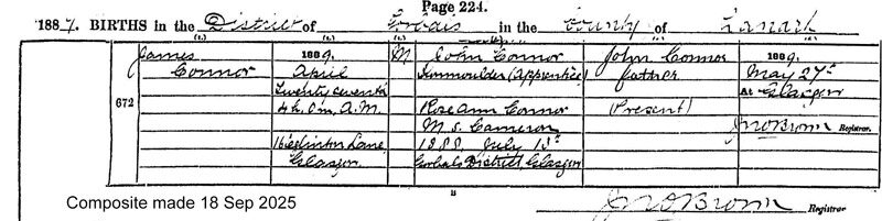 1889-04-27 BIR James Connor child of John Connor + Rose Ann Cameron [[N680-clip]]