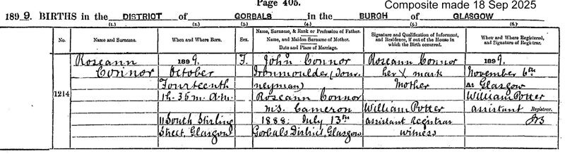 1899-10-14 BIR Roseann Connor child of John Connor + Rose Ann Cameron [[N683-clip]]