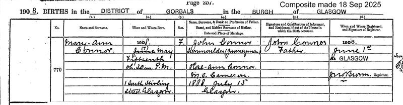 1908-05-15 BIR Mary Ann Connor child of John Connor + Rose Ann Cameron [[N686-clip]]