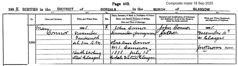 1895-11-14 BIR Mary  Connor child of John Connor + Rose Ann Cameron [[N687-clip]]